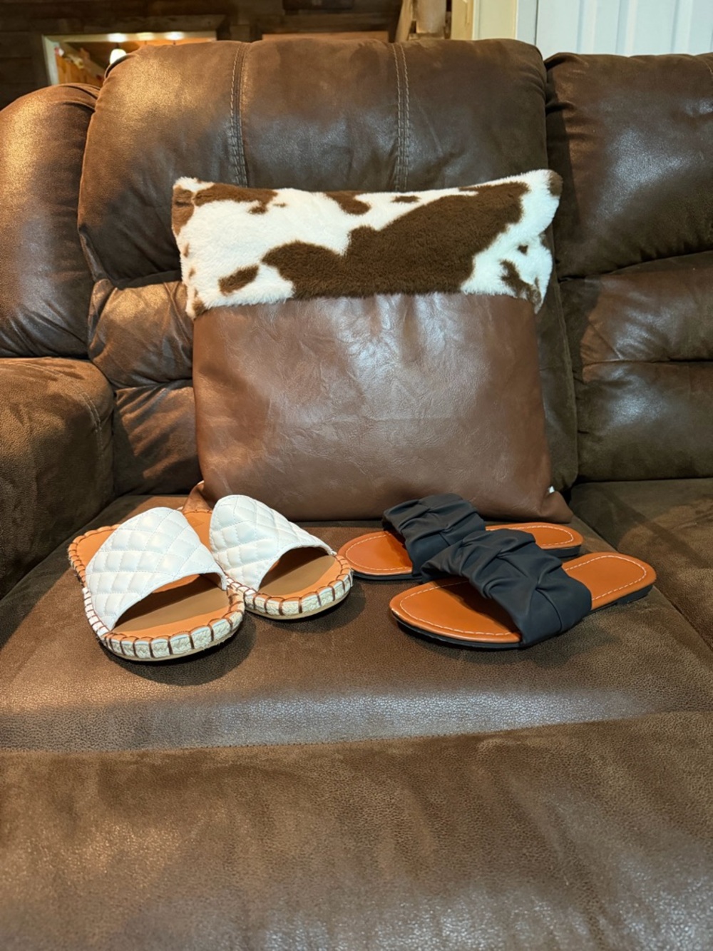 White Quilted Slide Sandals & Black Ruched Slide Sandals Duo